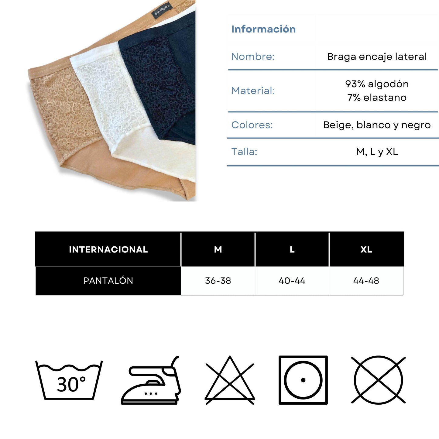 Don Algodon | Pack de 6 Bragas con Cintura de Encaje Tiro Alto | Transpirables - Underwear Essentials