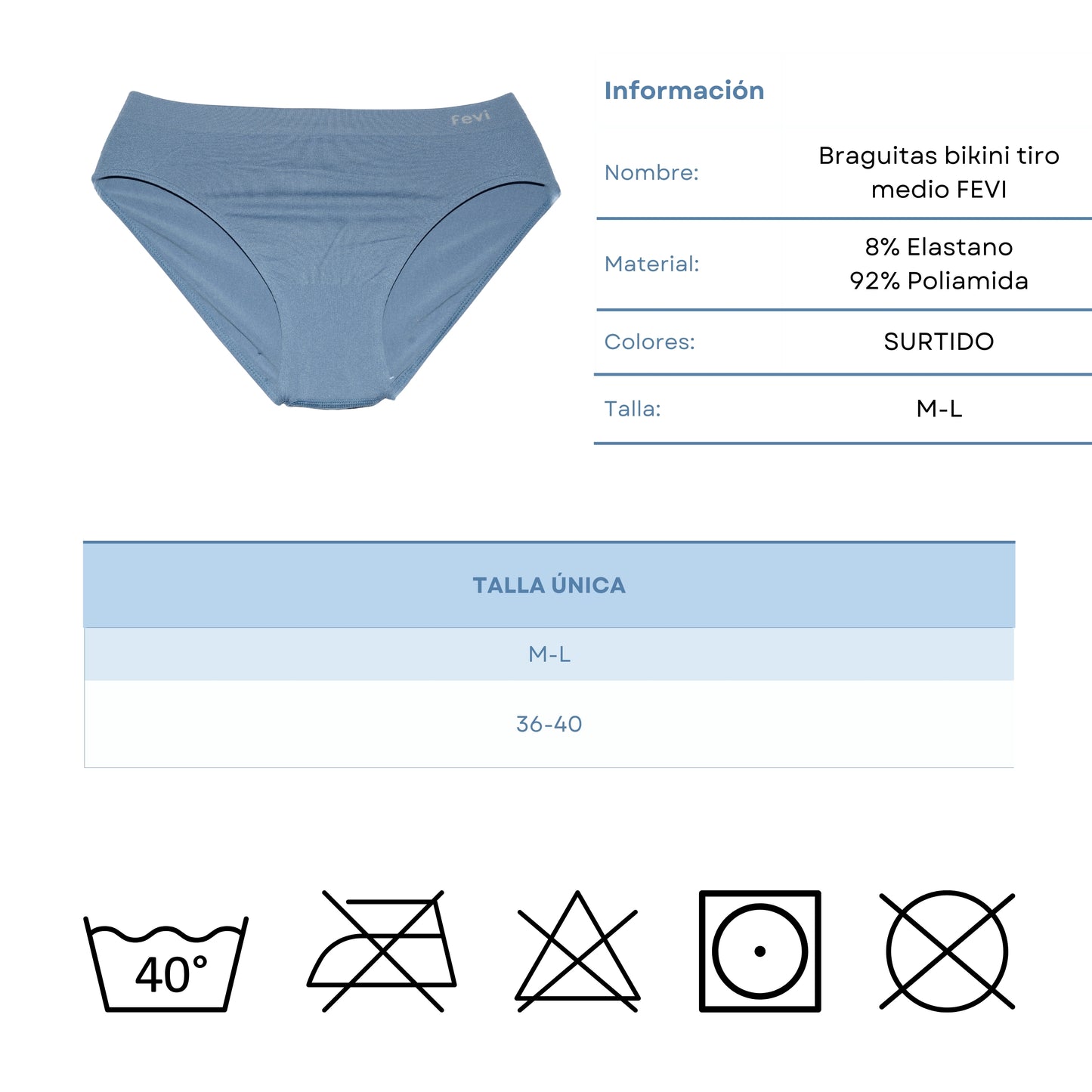 FEVI | Pack de 12 Braguitas Tiro Medio | Suaves y Cómodas | 12 Colores | Transpirables | Talla Única M-L - Underwear Essentials