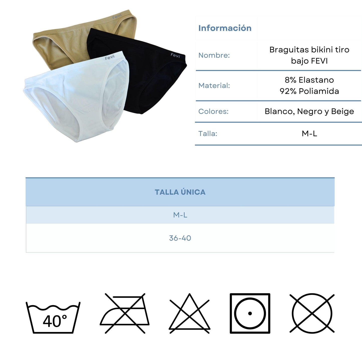 FEVI | Pack de 12 Braguitas Tiro Bajo | 1 o 3 Colores Diferentes: Blanco, Negro y Beige | Talla Única: M-L - Underwear Essentials