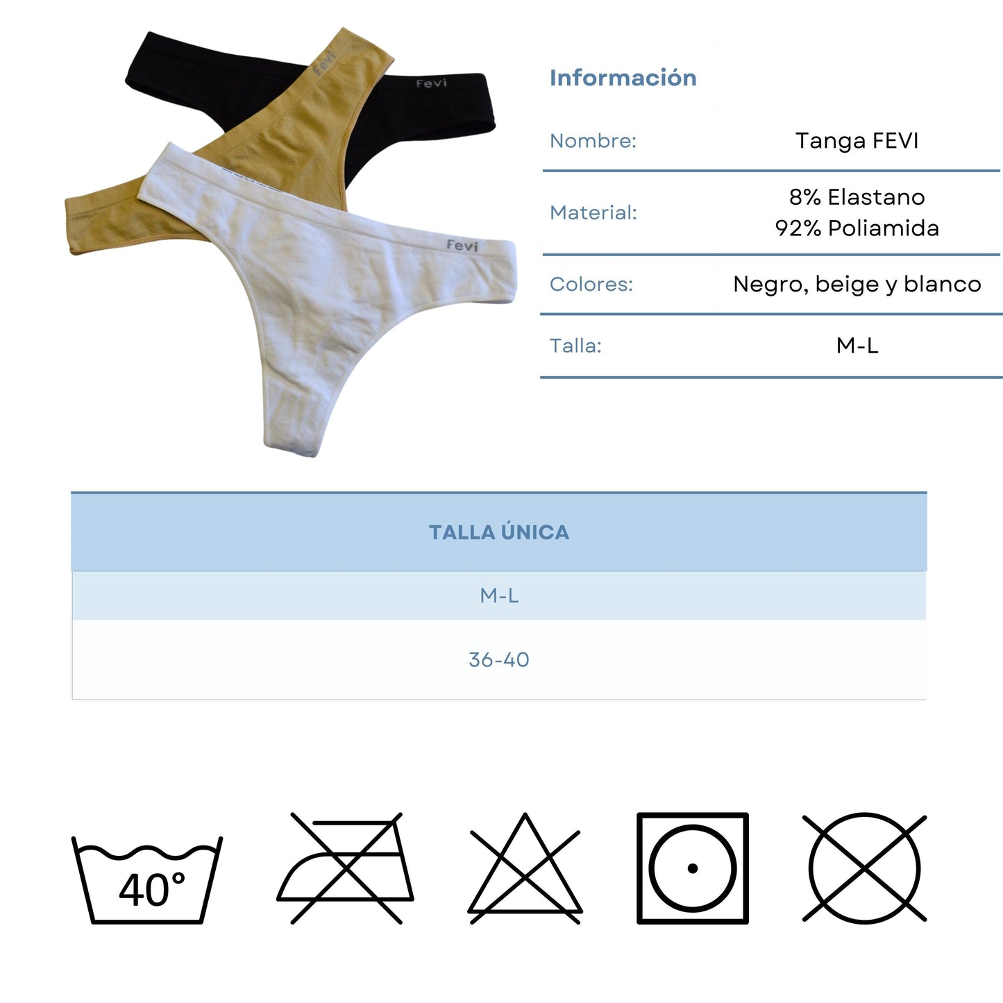 FEVI | Pack de 12 Tangas en 1 o 3 Colores Diferentes: Blanco, Negro y Beige | Talla Única: M-L - Underwear Essentials