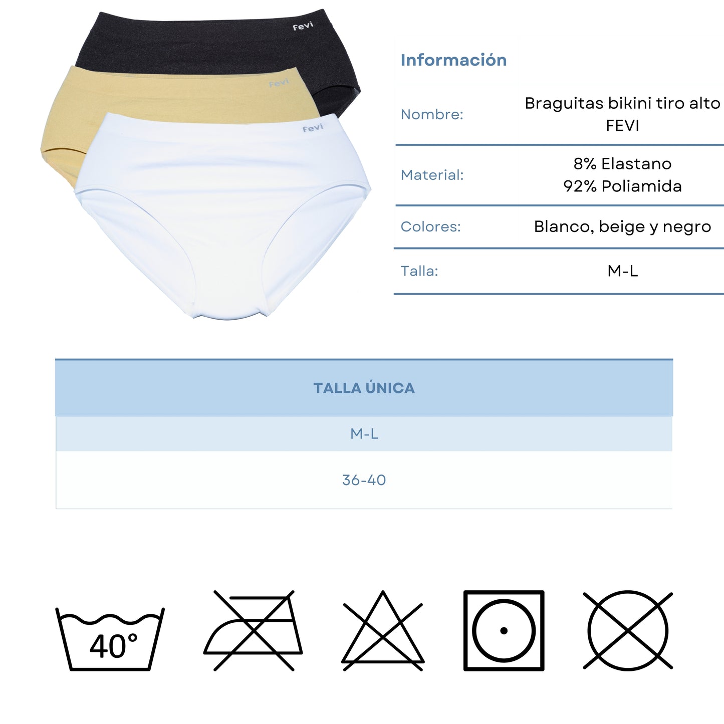 FEVI | Pack de 6 Braguitas Tiro Medio-Alto | en 1 o 3 Colores Diferentes: Blanco, Negro y Beige | Elásticas y Cómodas | Para Uso Diario - Underwear Essentials