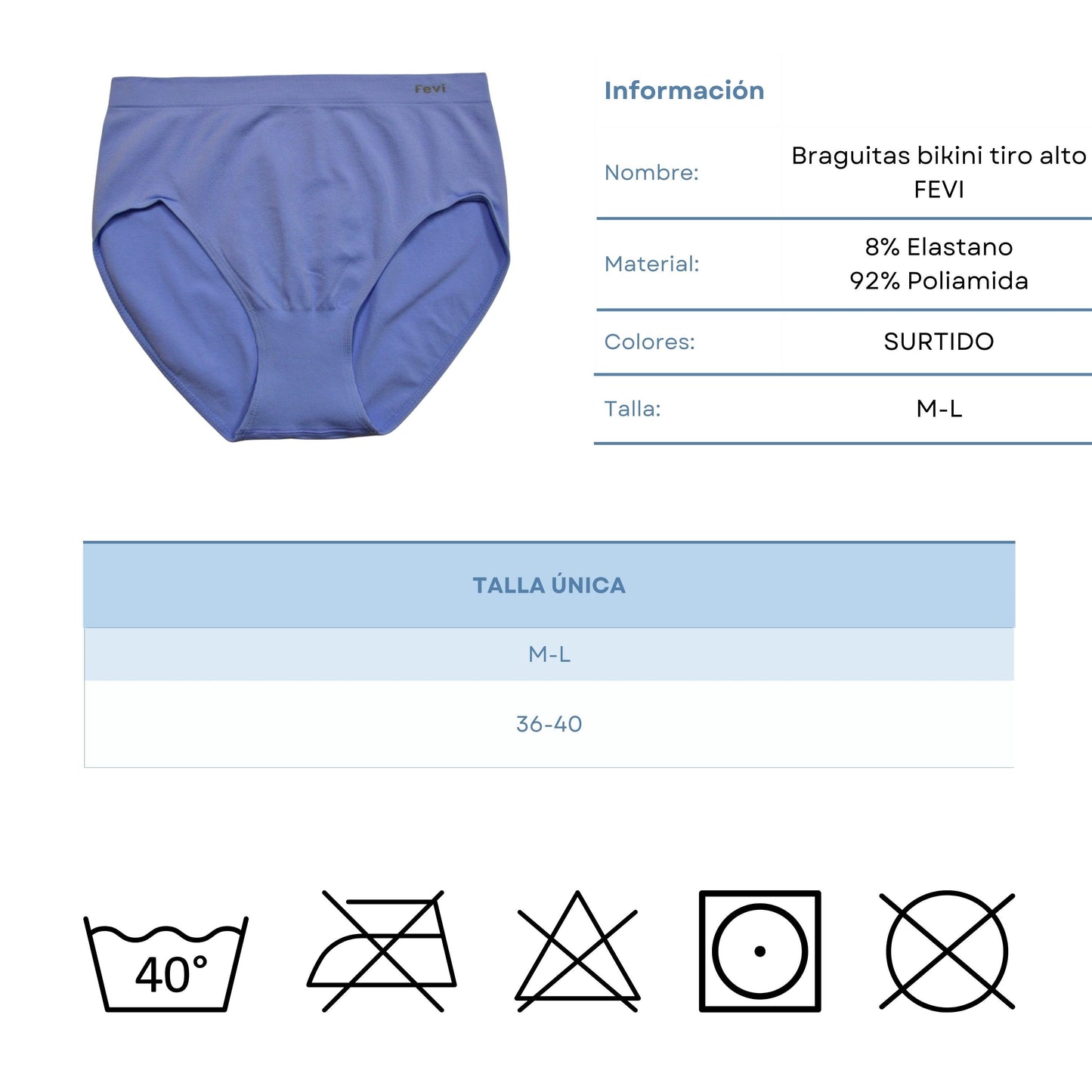 FEVI | Pack de 12 Bragas Tiro Alto | 12 Colores Diferentes | Para Uso Diario - Underwear Essentials