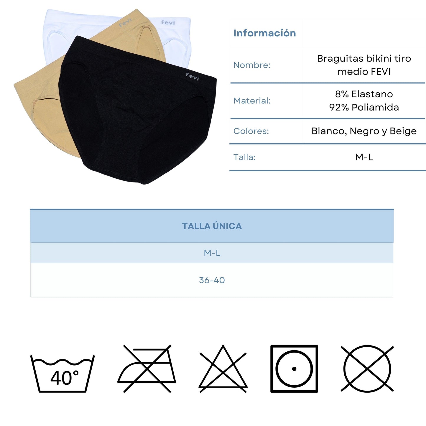 FEVI | Pack de 12 Braguitas Tiro Medio en 1 o 3 Colores Diferentes: Blanco, Negro y Beige | Talla única M-L - Underwear Essentials