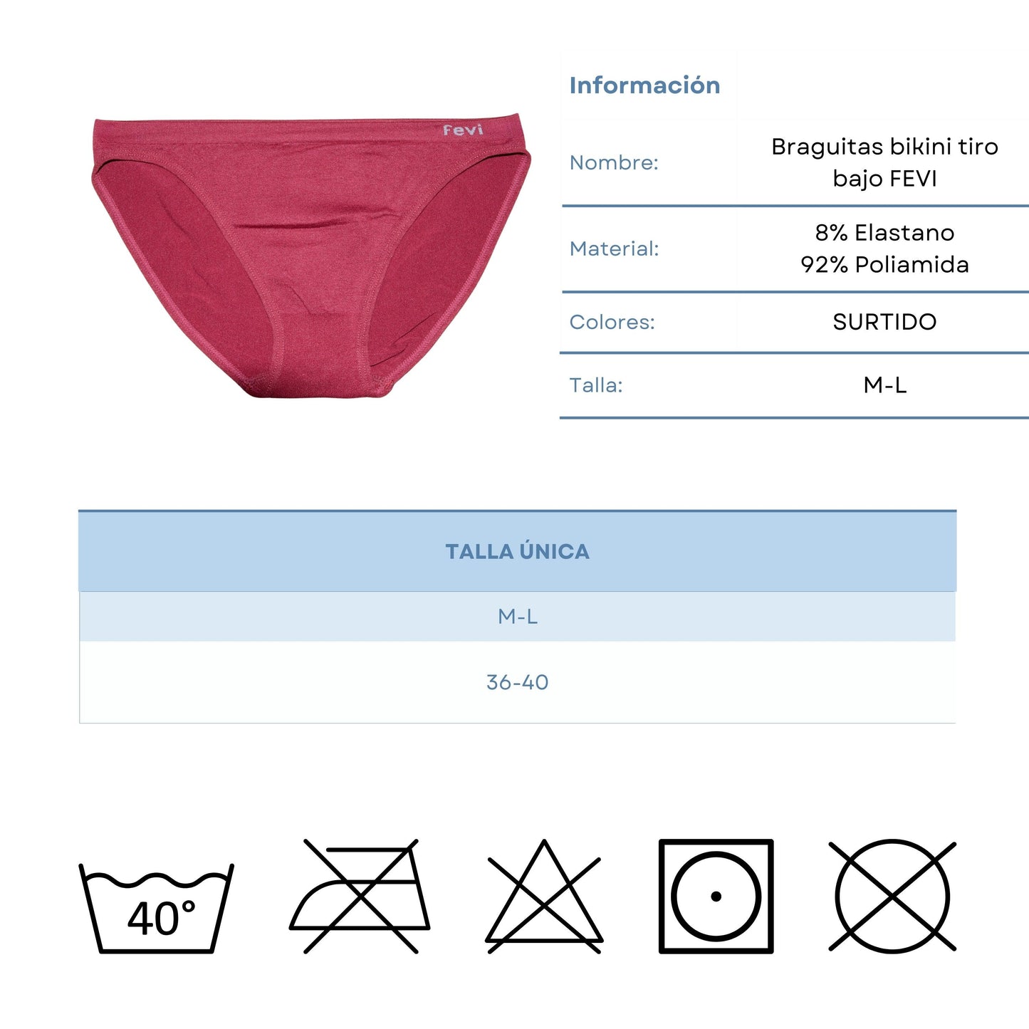 FEVI | Pack de 12 Braguitas Tiro Bajo | 12 Colores | Talla Única M-L - Underwear Essentials