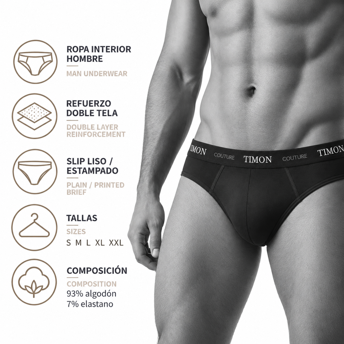 Pack 12 Slips de Algodón Marca Timon, Prendas de Algodón Suaves y Transpirables, Refuerzo Doble Tela