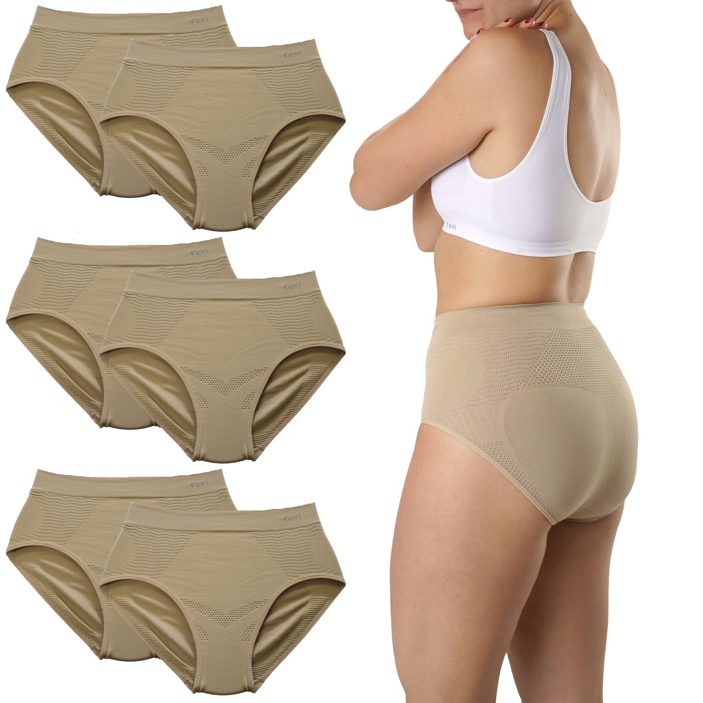 FEVI Pack 6 Bragas Faja Tiro Alto Mujer, Compresoras Push Up, Moldeadoras Vientre Plano, Sin Costuras, Alta Elasticidad, Ropa Interior Suave y Cómoda