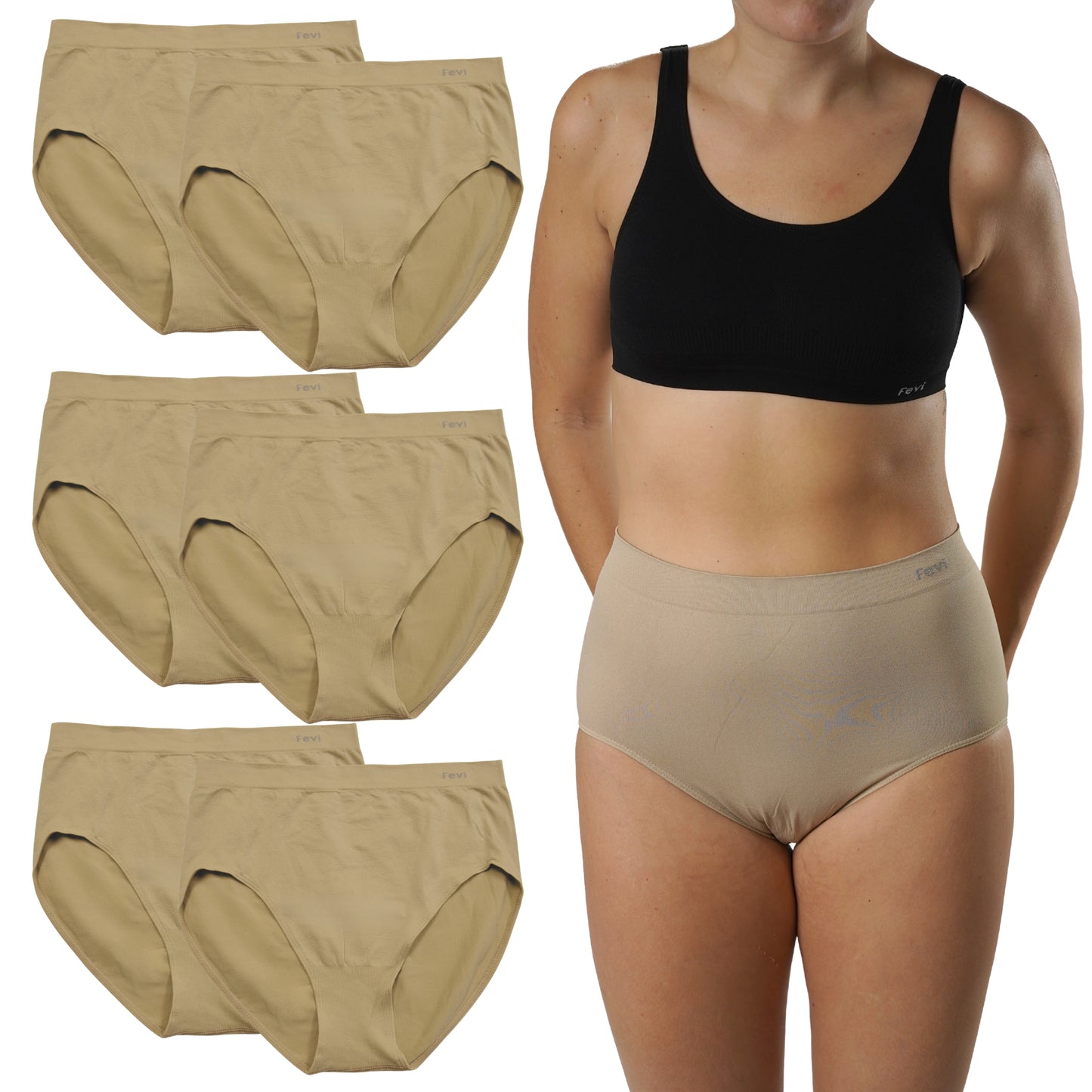 FEVI | Pack de 6 Bragas Tiro Alto | en 1 o 3 Colores Diferentes; Blanco, Negro y Beige | Reductoras