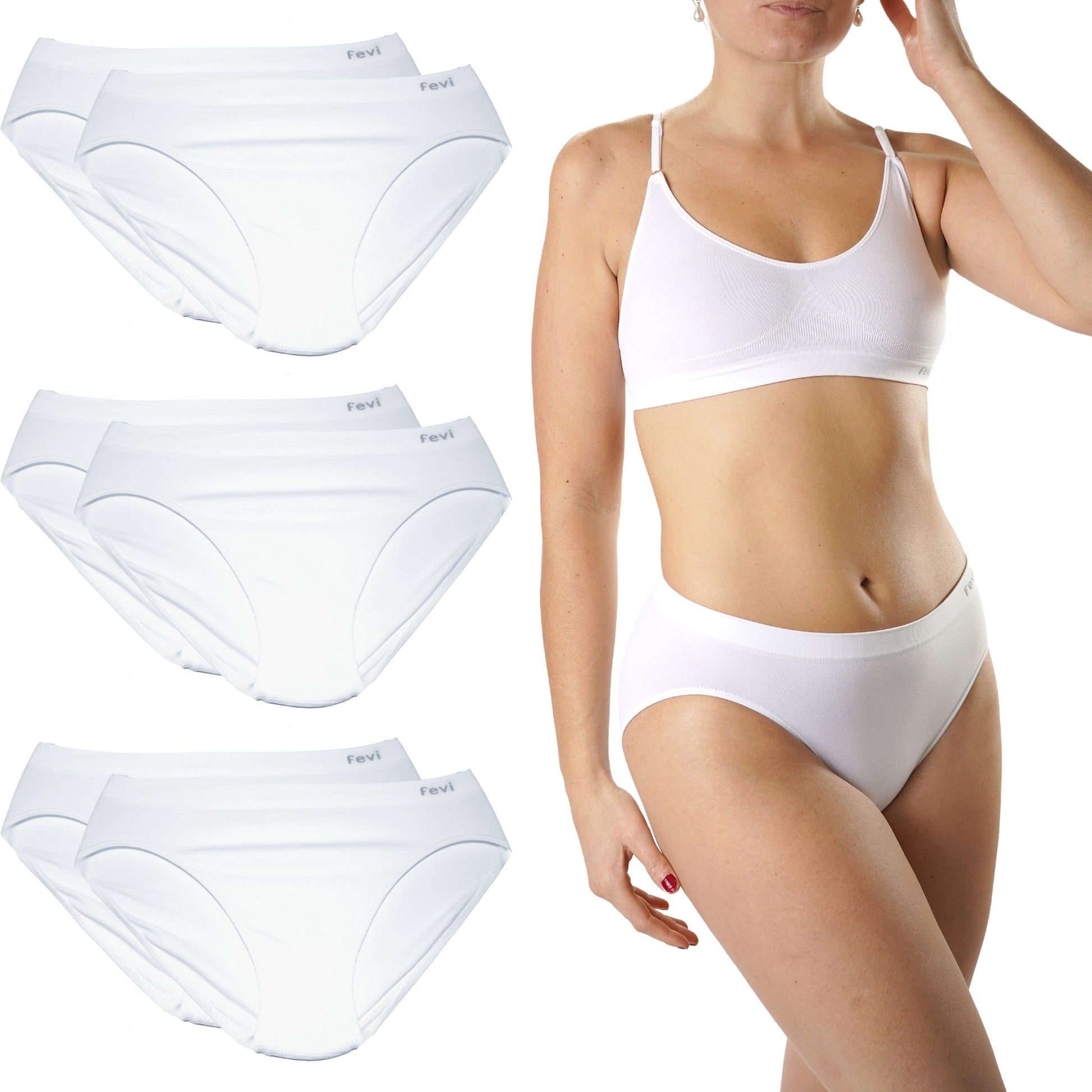 FEVI | Pack de 6 Braguitas Tiro Medio en 1 o 3 Colores Diferentes: Blanco, Negro y Beige | Talla única M-L - Underwear Essentials