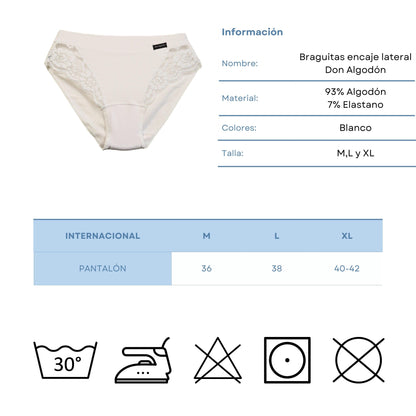 Don Algodon | Pack de 6 Bragas Bikini con Encaje Lateral | Transpirables - Underwear Essentials
