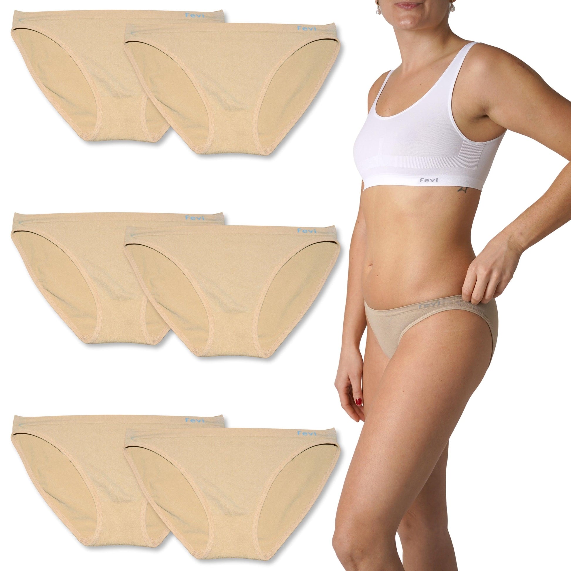 FEVI | Pack de 6 Braguitas Tiro Bajo | 1 o 3 Colores Diferentes: Blanco, Negro y Beige | Talla Única: M-L - Underwear Essentials