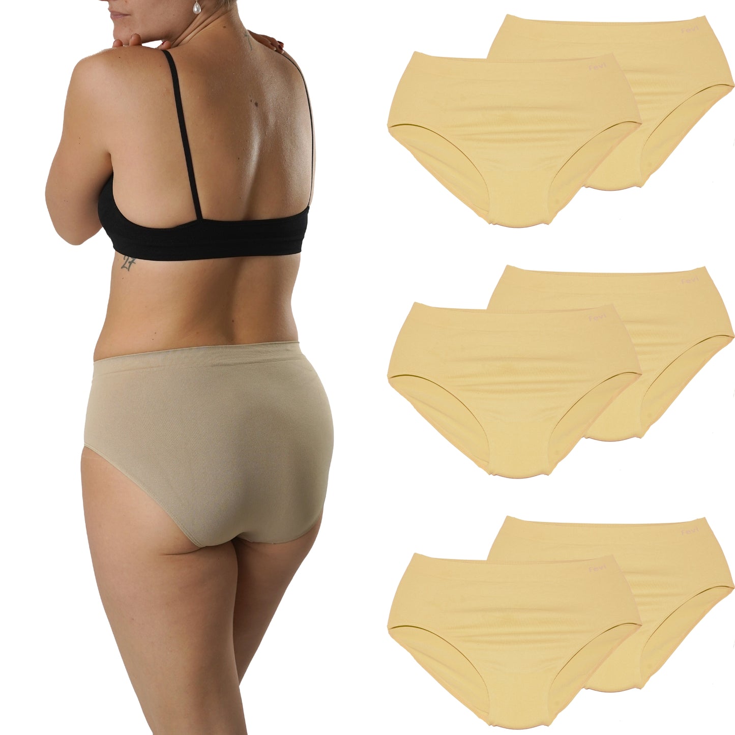 FEVI | Pack de 6 Braguitas Tiro Medio-Alto | en 1 o 3 Colores Diferentes: Blanco, Negro y Beige | Elásticas y Cómodas | Para Uso Diario