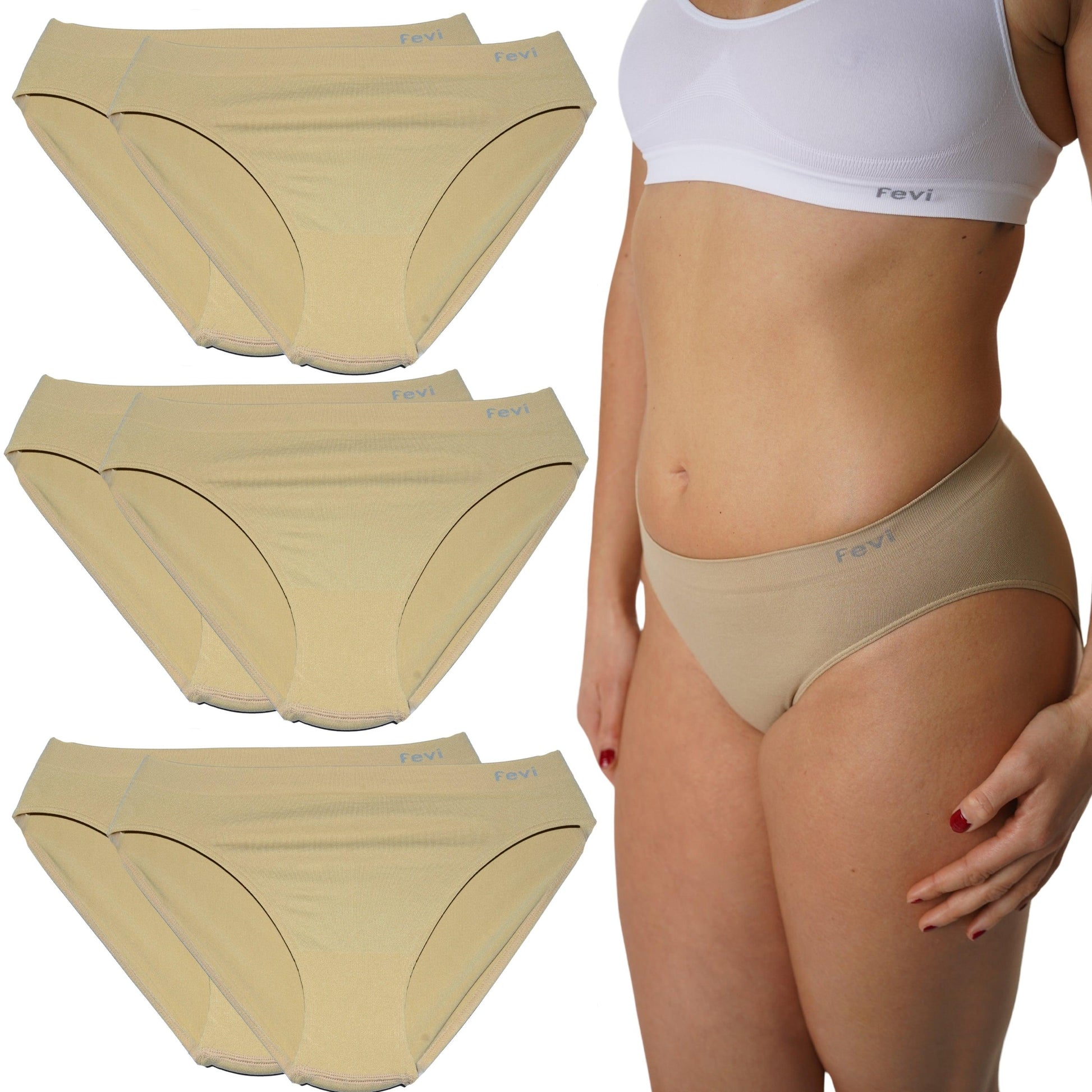 FEVI | Pack de 6 Braguitas Tiro Medio en 1 o 3 Colores Diferentes: Blanco, Negro y Beige | Talla única M-L - Underwear Essentials