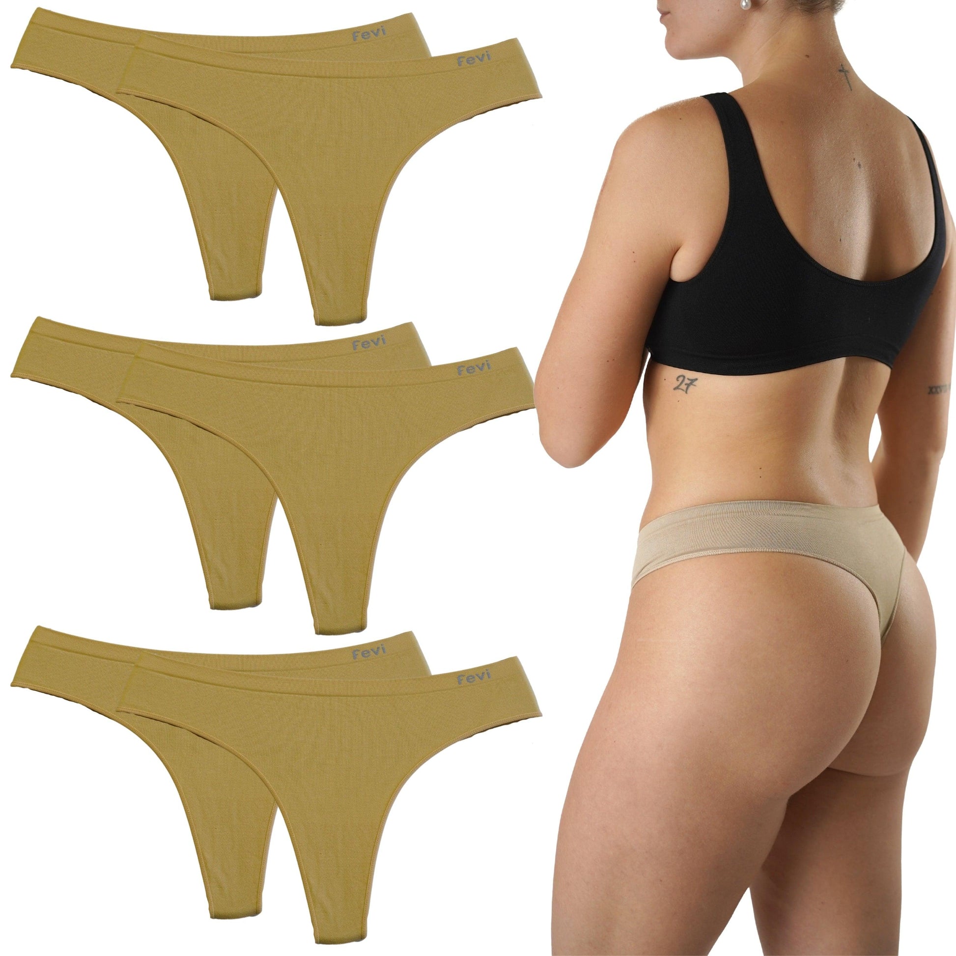 FEVI | Pack de 6 Tangas en 1 o 3 Colores Diferentes: Blanco, Negro y Beige | Talla Única: M-L - Underwear Essentials