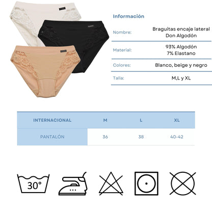 Don Algodon | Pack de 6 Bragas Bikini con Encaje Lateral | Transpirables - Underwear Essentials