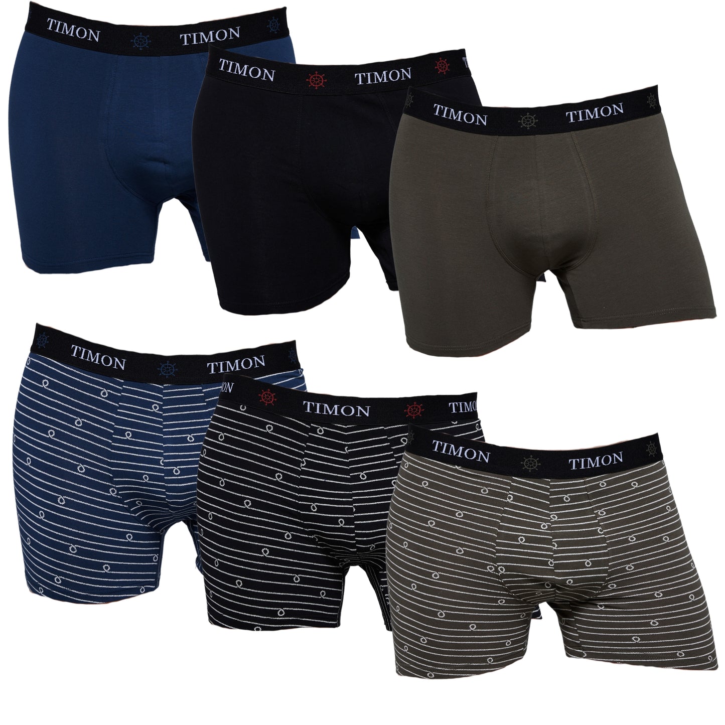 TIMON | Pack de 6 Boxers Para Hombre | 93 % Algodón | 3 Colores: Negro, Marino, Verde y 3 Estampados con Líneas | Cintura Elástica | Máximo Confort | 5 Tallas: S, M, L, XL, XXL