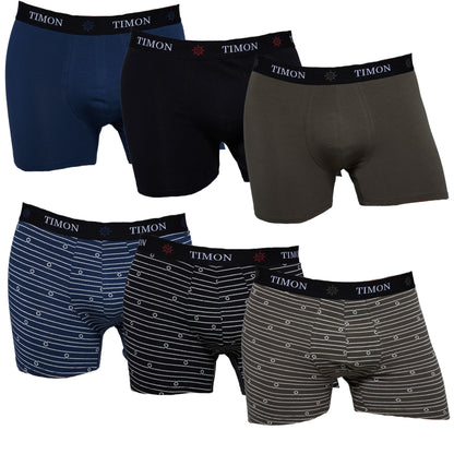 TIMON | Pack de 6 Boxers Para Hombre | 93 % Algodón | 3 Colores: Negro, Marino, Verde y 3 Estampados con Líneas | Cintura Elástica | Máximo Confort | 5 Tallas: S, M, L, XL, XXL