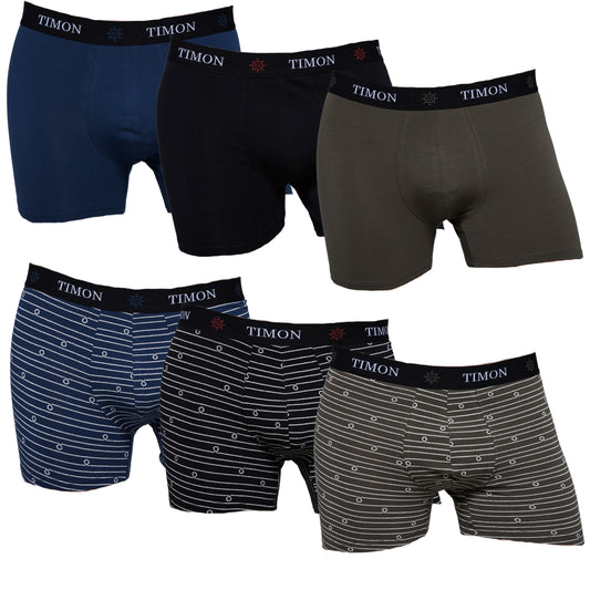 TIMON | Pack de 6 Boxers Para Hombre | 93 % Algodón | 3 Colores: Negro, Marino, Verde y 3 Estampados con Líneas | Cintura Elástica | Máximo Confort | 5 Tallas: S, M, L, XL, XXL