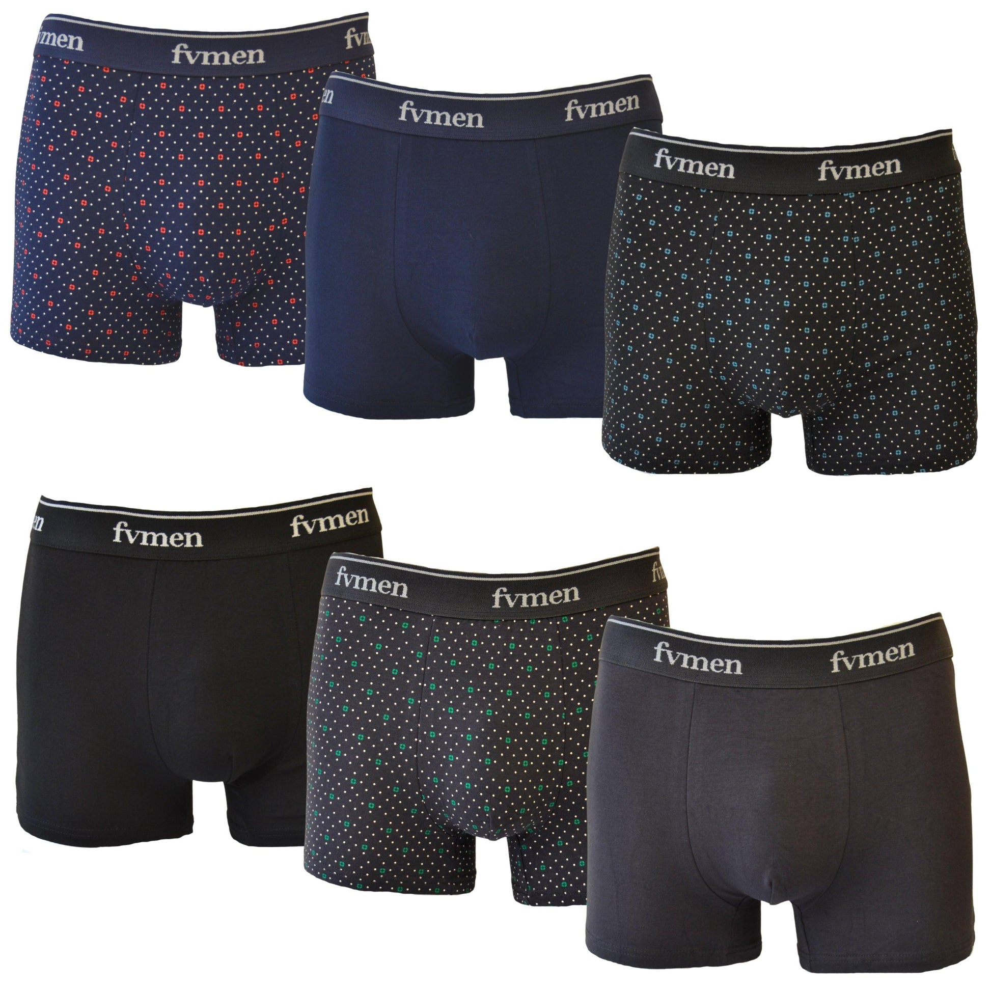 FEVI | Pack de 6 Boxers | 95% Algodón | 3 Lisos y 3 Estampados | Colores : Negro, Gris y Marino | Transpirables - Underwear Essentials