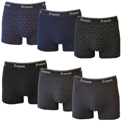 FEVI | Pack de 6 Boxers | 95% Algodón | 3 Lisos y 3 Estampados | Colores : Negro, Gris y Marino | Transpirables - Underwear Essentials