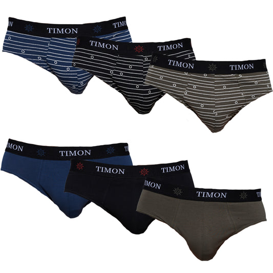 TIMON | Pack de 6 Slips Para Hombre | 93 % Algodón | 3 Colores: Negro, Marino, Verde y 3 Estampados con Líneas | Cintura Elástica | Máximo Confort | 5 Tallas: S, M, L, XL, XXL