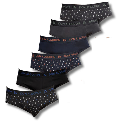 Don Algodon | Pack de 6 Slips Para Hombres Lisos y Estampados | Suaves y Transpirables | 93% Algodon | Para Uso Diario | 5 Tallas Disponibles | Maximo Confort