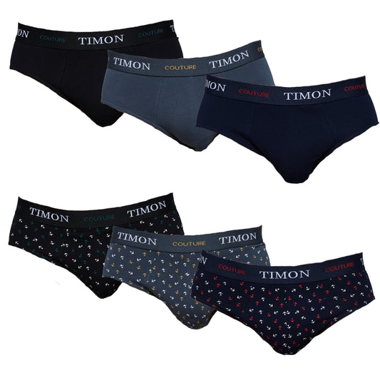 TIMON | Pack de 6 Slips Para Hombre | 93 % Algodón | 3 Colores: Negro, Marino, Verde y 3 Estampados con Anclas | Cintura Elástica | Máximo Confort | 5 Tallas: S, M, L, XL, XXL