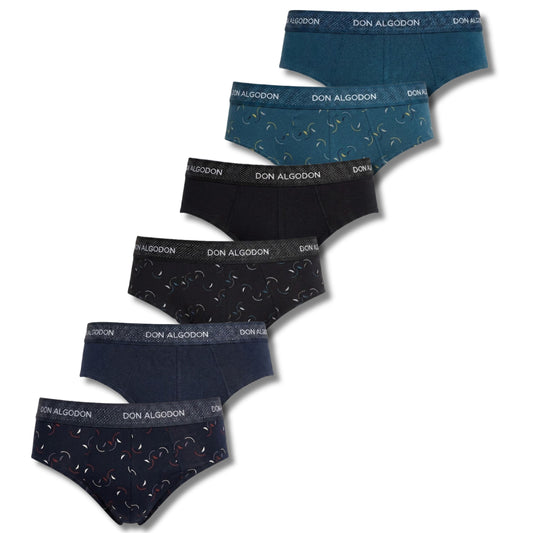 Don Algodon | Pack de 6 Slips Para Hombres Lisos y Estampados | Suaves y Transpirables | 93% Algodon | Para Uso Diario | 5 Tallas Disponibles | Maximo Confort