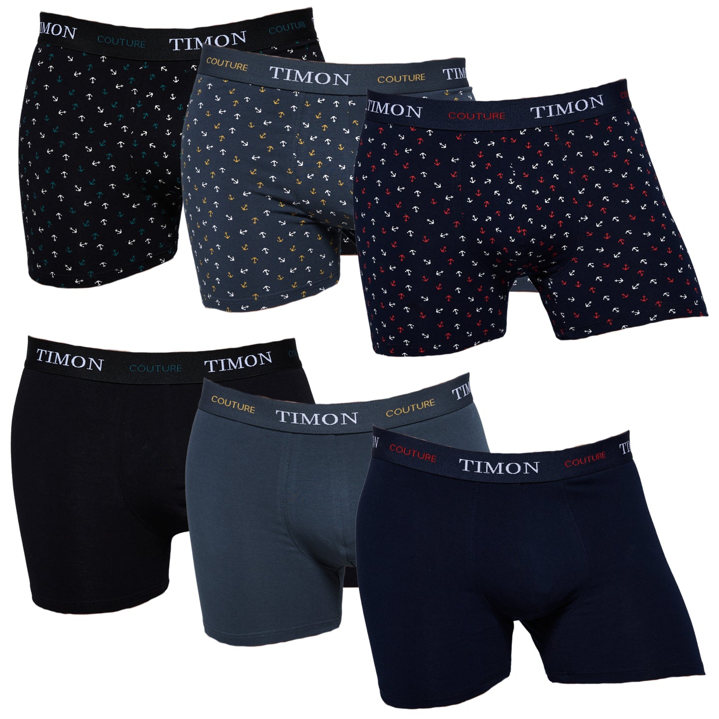 TIMON | Pack de 6 Boxers Para Hombre | 93 % Algodón | 3 Colores: Negro, Marino, Verde y 3 Estampados con Anclas| Cintura Elástica | Máximo Confort | 5 Tallas: S, M, L, XL, XXL