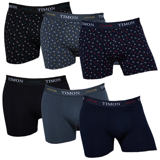 TIMON | Pack de 6 Boxers Para Hombre | 93 % Algodón | 3 Colores: Negro, Marino, Verde y 3 Estampados con Anclas| Cintura Elástica | Máximo Confort | 5 Tallas: S, M, L, XL, XXL