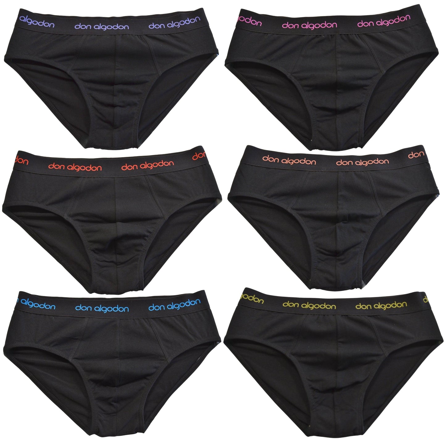 Don Algodon | Pack 6 Slips Lisos | Negros con Cintura a Colores | Transpirables - Underwear Essentials