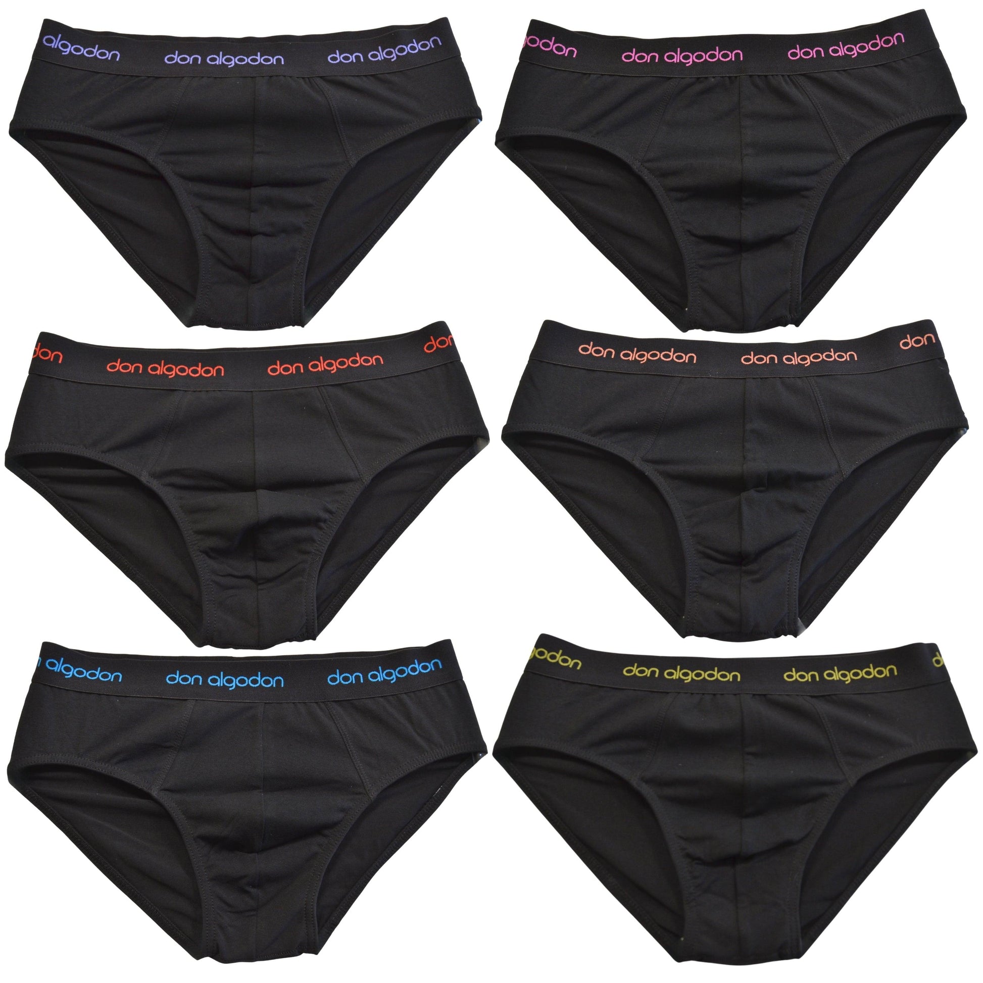 Don Algodon | Pack 6 Slips Lisos | Negros con Cintura a Colores | Transpirables - Underwear Essentials