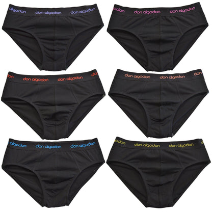 Don Algodon | Pack 6 Slips Lisos | Negros con Cintura a Colores | Transpirables - Underwear Essentials