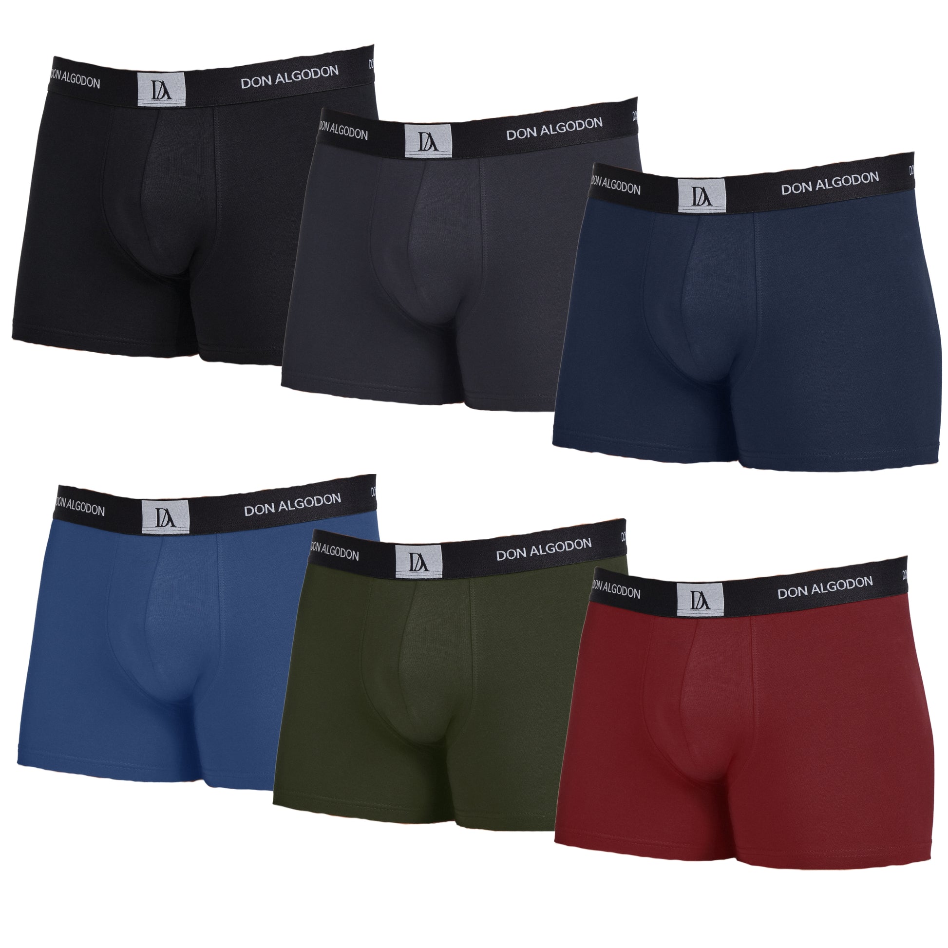 DON ALGODON | Pack de 6 Boxers Para Hombres | 6 Colores Diferentes: Negro, Azul, Gris, Teja, Azulado, Verde | Elegantes y Cómodos | 93% Algodón | 5 Tallas: S, M, L, XL, XXL | Para Uso Diario | Cintura Elástica | Transpirables y Suaves - Underwear Essentials