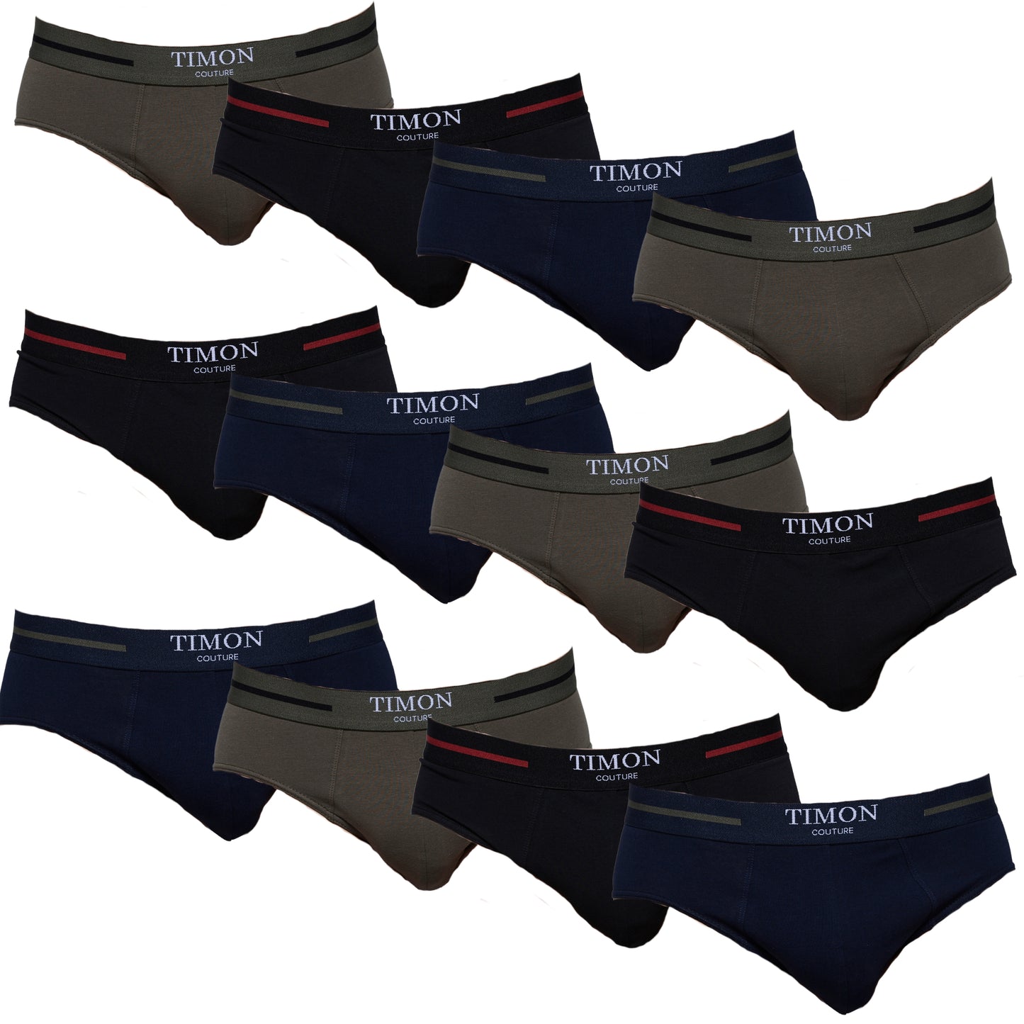 TIMON | Pack de 12 Slips Para Hombre | 93 % Algodón | 3 Colores: Negro, Marino, Verde | Cintura Elástica | Máximo Confort | 5 Tallas: S, M, L, XL, XXL