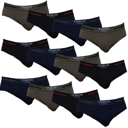 TIMON | Pack de 12 Slips Para Hombre | 93 % Algodón | 3 Colores: Negro, Marino, Verde | Cintura Elástica | Máximo Confort | 5 Tallas: S, M, L, XL, XXL