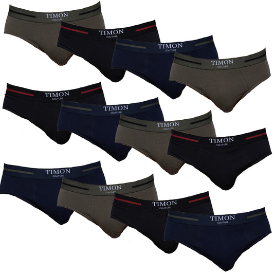 TIMON | Pack de 12 Slips Para Hombre | 93 % Algodón | 3 Colores: Negro, Marino, Verde | Cintura Elástica | Máximo Confort | 5 Tallas: S, M, L, XL, XXL