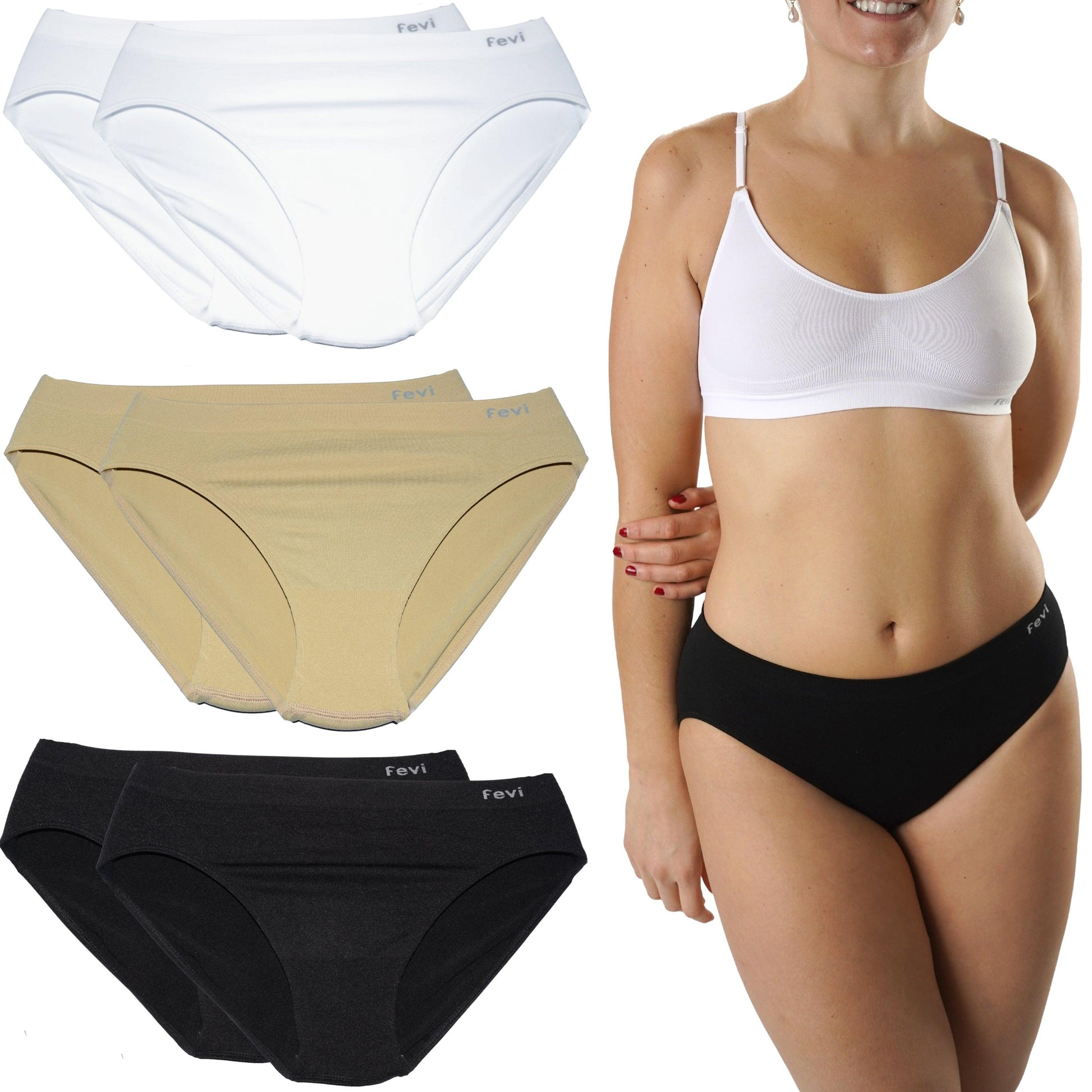 FEVI | Pack de 6 Braguitas Tiro Medio en 1 o 3 Colores Diferentes: Blanco, Negro y Beige | Talla única M-L - Underwear Essentials