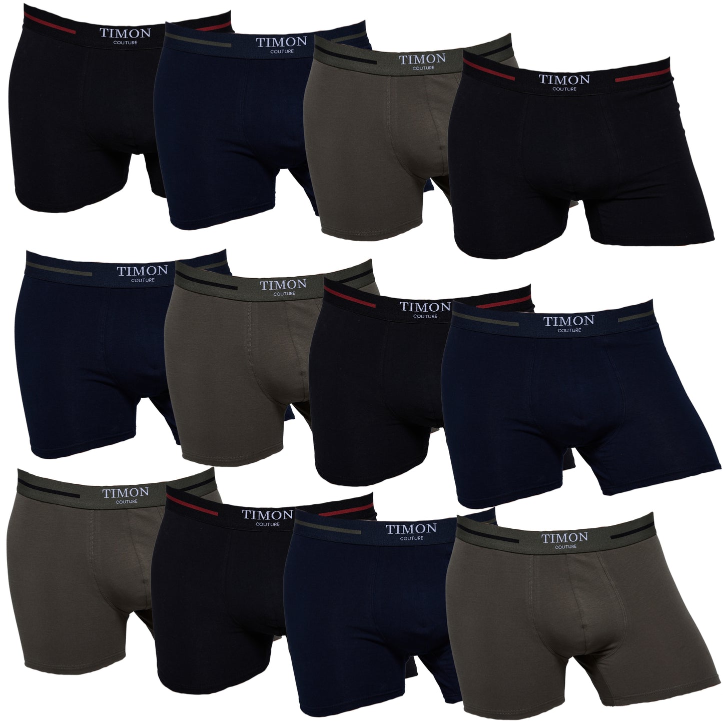 TIMON | Pack de 12 Boxers Para Hombre | 93 % Algodón | 3 Colores: Negro, Marino, Verde | Cintura Elástica | Máximo Confort | 5 Tallas: S, M, L, XL, XXL