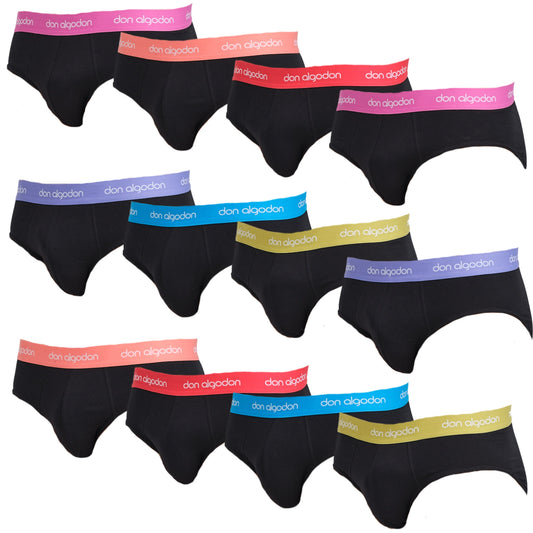 DON ALGODON | Pack de 12 Slips Para Hombre | Cintura Elástica en Colores | Cómodos y Transpirables | 93% Algodón | 3 Tallas: M, L, XL | 6 Colores Diferentes