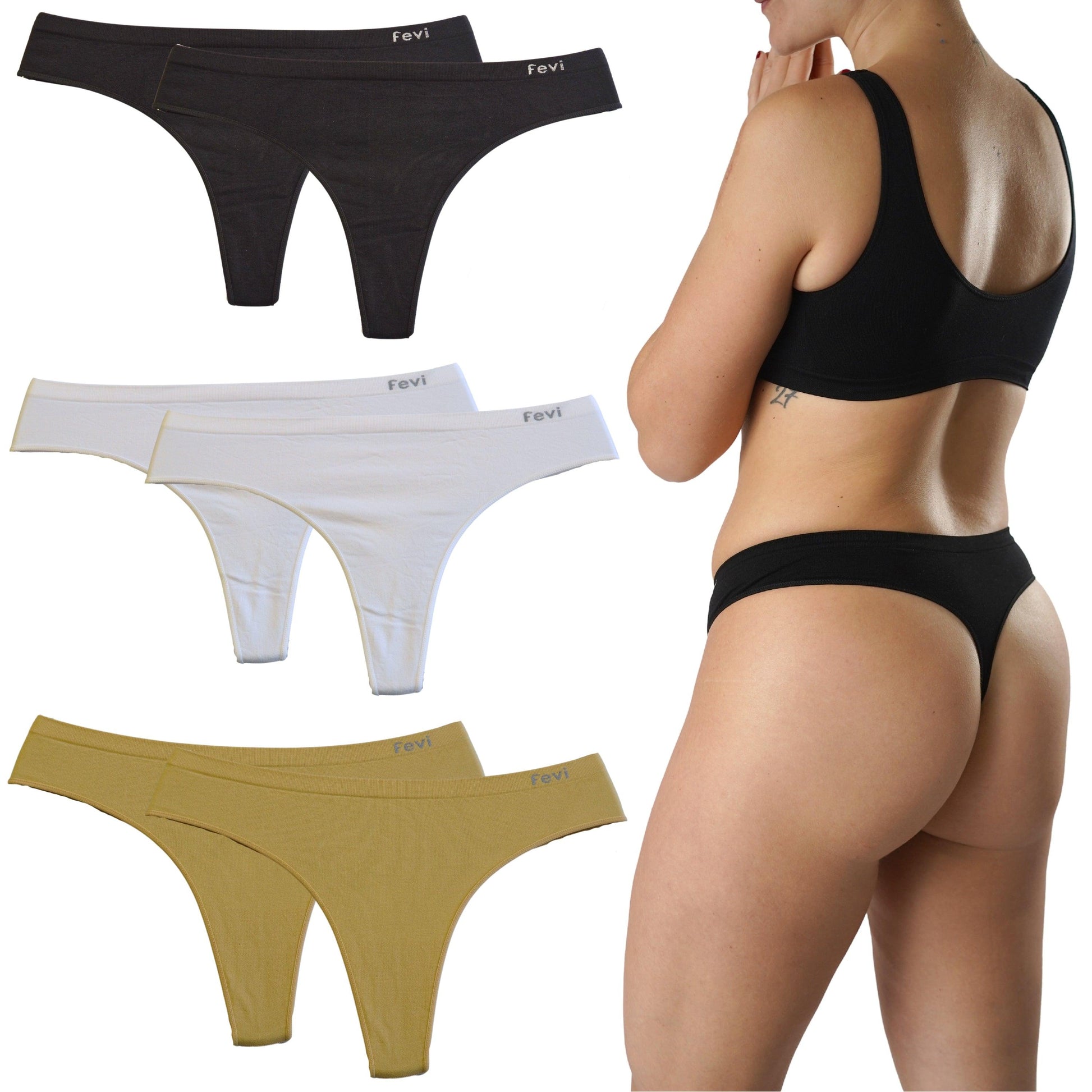 FEVI | Pack de 6 Tangas en 1 o 3 Colores Diferentes: Blanco, Negro y Beige | Talla Única: M-L - Underwear Essentials