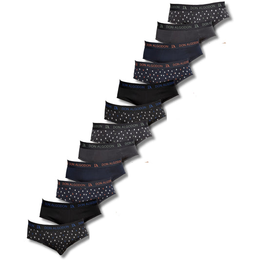 Don Algodon Pack 12 Slips Hombre Suaves | Transpirables y Resistentes | 6 Slips lisos y 6 Slips estampados