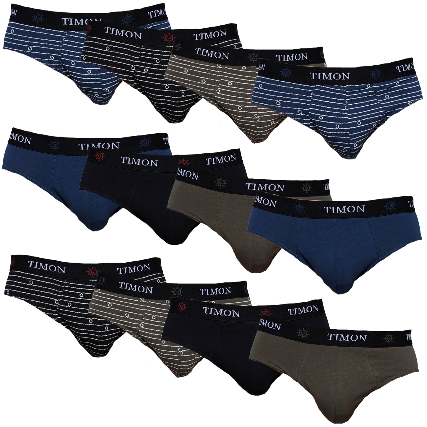 TIMON | Pack de 12 Slips Para Hombre | 93 % Algodón | 3 Colores: Negro, Marino, Verde y 3 Estampados con Líneas | Cintura Elástica | Máximo Confort | 5 Tallas: S, M, L, XL, XXL