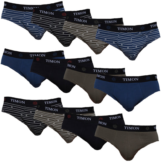 TIMON | Pack de 12 Slips Para Hombre | 93 % Algodón | 3 Colores: Negro, Marino, Verde y 3 Estampados con Líneas | Cintura Elástica | Máximo Confort | 5 Tallas: S, M, L, XL, XXL