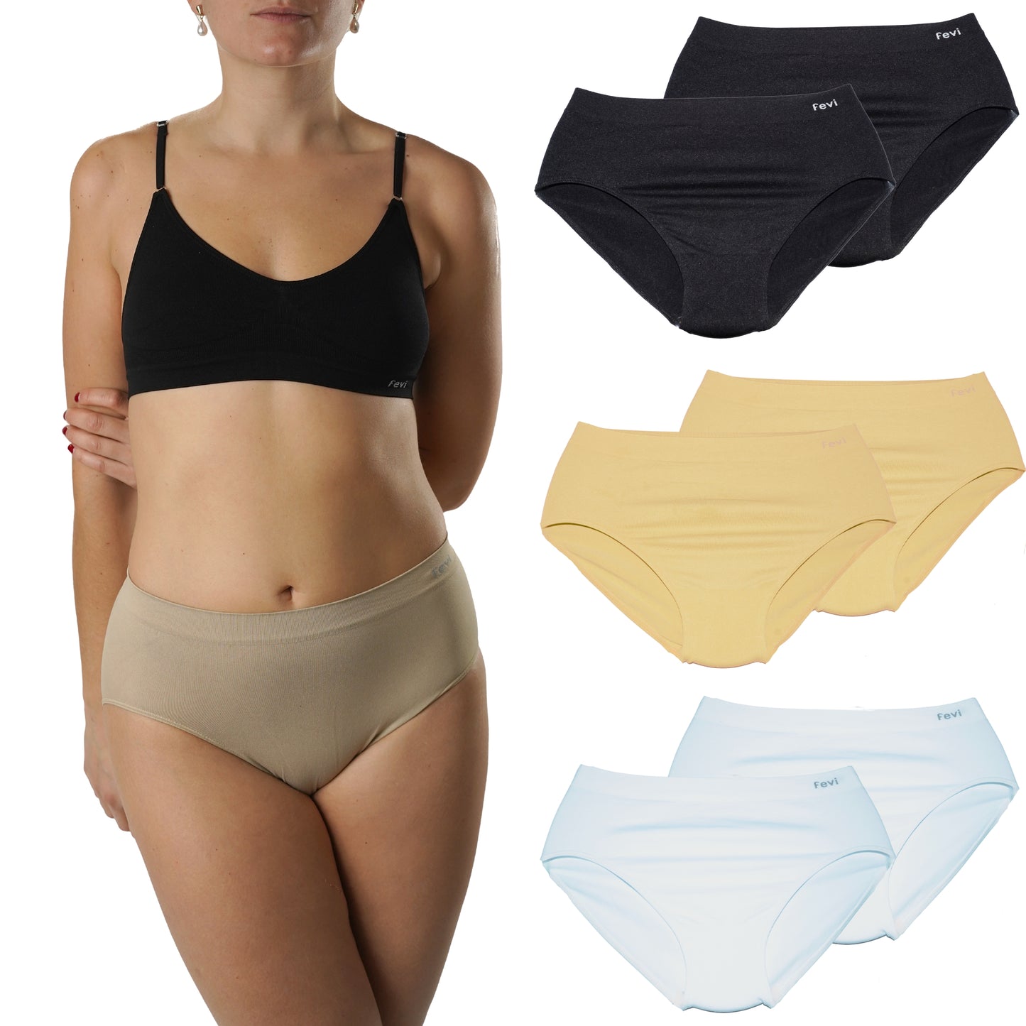 FEVI | Pack de 6 Braguitas Tiro Medio-Alto | en 1 o 3 Colores Diferentes: Blanco, Negro y Beige | Elásticas y Cómodas | Para Uso Diario