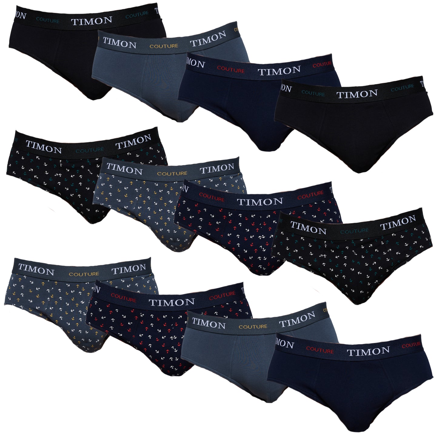 TIMON | Pack de 12 Slips Para Hombre | 93 % Algodón | 3 Colores: Negro, Marino, Verde y 3 Estampados con Anclas | Cintura Elástica | Máximo Confort | 5 Tallas: S, M, L, XL, XXL