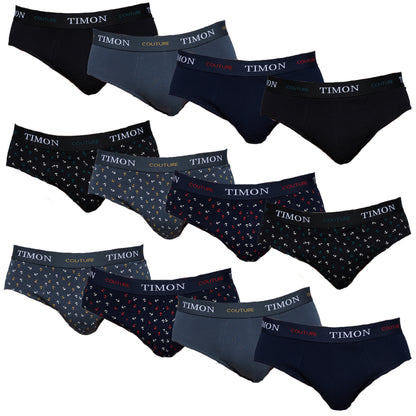 TIMON | Pack de 12 Slips Para Hombre | 93 % Algodón | 3 Colores: Negro, Marino, Verde y 3 Estampados con Anclas | Cintura Elástica | Máximo Confort | 5 Tallas: S, M, L, XL, XXL