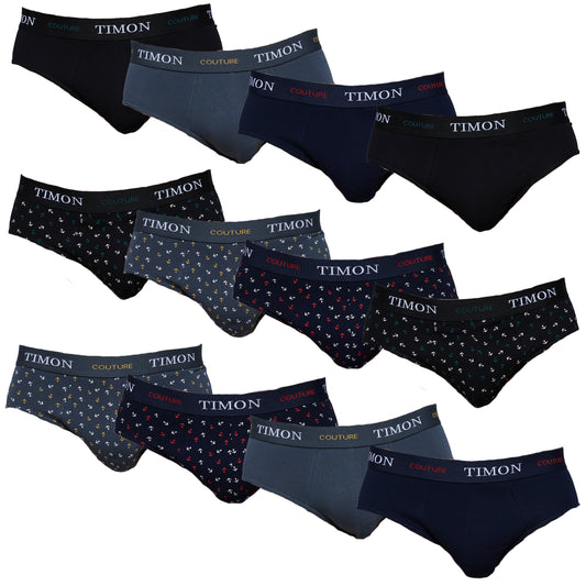 TIMON | Pack de 12 Slips Para Hombre | 93 % Algodón | 3 Colores: Negro, Marino, Verde y 3 Estampados con Anclas | Cintura Elástica | Máximo Confort | 5 Tallas: S, M, L, XL, XXL
