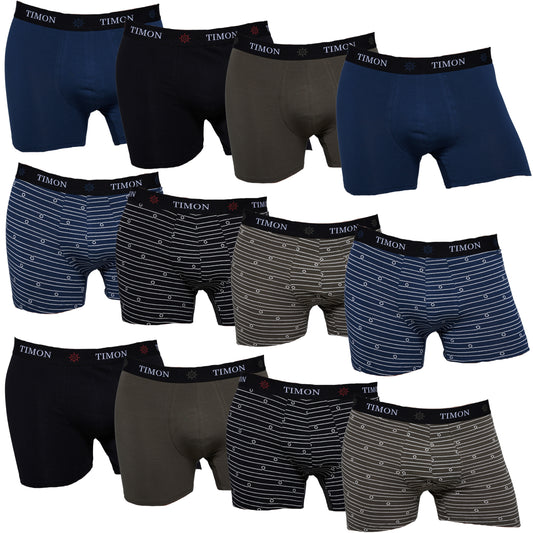 TIMON | Pack de 12 Boxers Para Hombre | 93 % Algodón | 3 Colores: Negro, Marino, Verde y 3 Estampados con Líneas | Cintura Elástica | Máximo Confort | 5 Tallas: S, M, L, XL, XXL