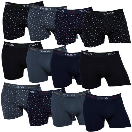 TIMON | Pack de 12 Boxers Para Hombre | 93 % Algodón | 3 Colores: Negro, Marino, Verde 3 Estampados con Anclas | Cintura Elástica | Máximo Confort | 5 Tallas: S, M, L, XL, XXL