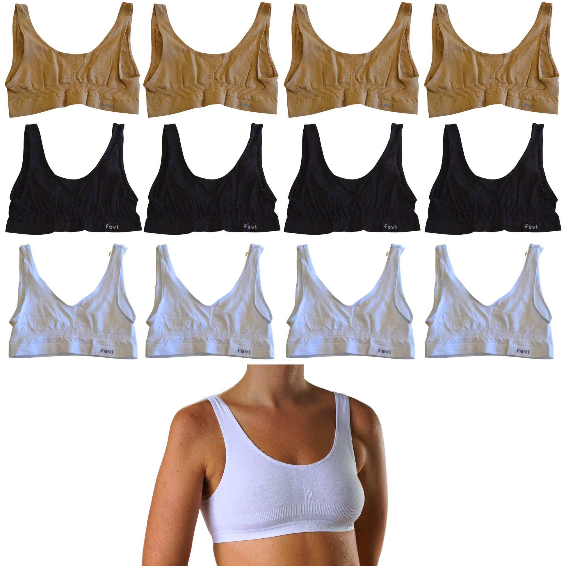 FEVI | Pack de 12 Tops en 3 Colores: Blanco, Negro, Beige | Talla Única de la 85 a la 95 - Underwear Essentials